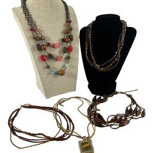 Lot 5 Multi Strand Necklaces Autumn Fall Colors Beaded Seed Boho Pendant